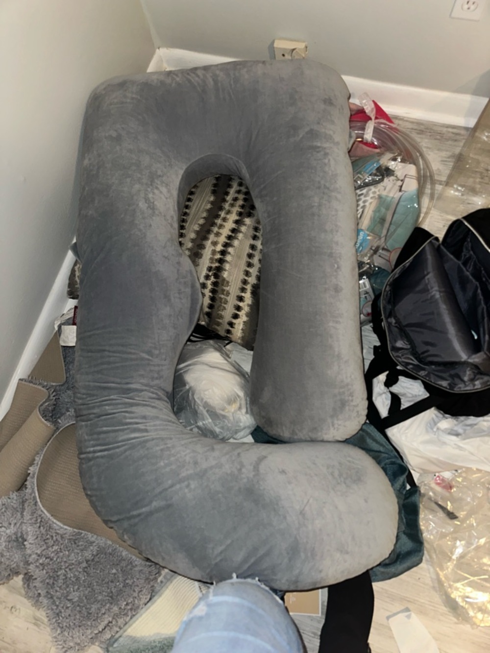Plush Gray U-Shaped Full Body Support Pillow